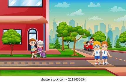 Illustration of citizens walking in suburb area
