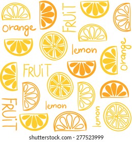 Illustration of citrus fruit seamless pattern with text