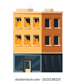 Illustration of a city apartment building with flames raging from windows