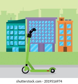 illustration of city buildings and electric scooter