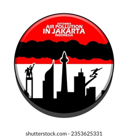 Illustration of a city with buildings in Jakarta Indonesia which has thick smoke as air pollution in the shape of a circle on a white background, Jakarta Air Pollution campaign banner