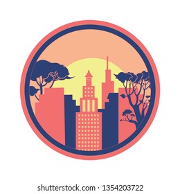Illustration of the city buildings in the sunrise or sunset,for round logo,badge or various designs