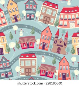 Illustration with city. Cartoon. Seamless pattern. Winter.