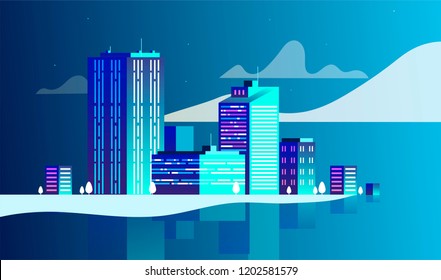 illustration of a city with clouds in blue-turquoise shades in flat style