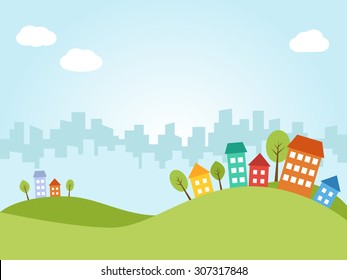 Illustration of city with colored houses on hills