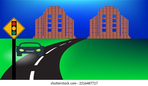illustration of city crossroad with traffic lights, road markings, sidewalk for pedestrians, without any cars and people. Cityscape, empty street, highway, urban concept in flat style