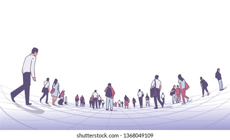 Illustration Of City Crowd Walking On Platform From Low Angle Perspective