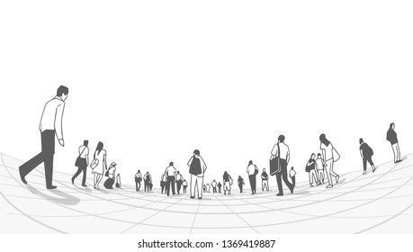 Illustration of city crowd walking on platform from low angle perspective