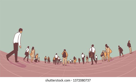 Illustration Of City Crowd Walking On Platform From Low Angle Perspective