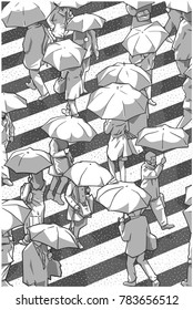 Illustration of city crowd in winter crossing stripes and holding umbrellas in grayscale