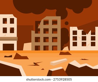 Illustration of a city with destroyed, damaged, and collapsed buildings due to war or disaster. Condition and impact of war. Gloomy landscape, many collapsed city buildings, dark sky. Flat style illustration. Orange background.