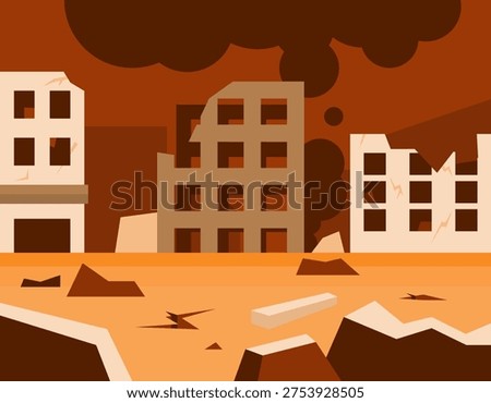 Illustration of a city with destroyed, damaged, and collapsed buildings due to war or disaster. Condition and impact of war. Gloomy landscape, many collapsed city buildings, dark sky. Flat style illustration. Orange background.