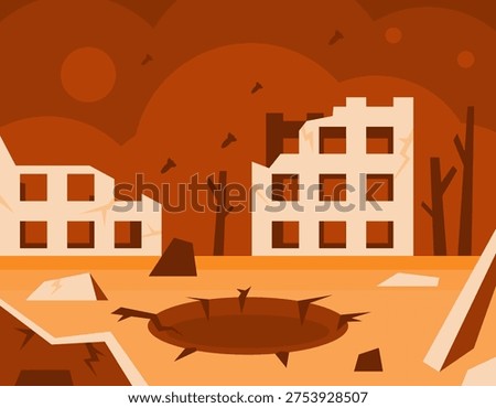 Illustration of a city with destroyed, damaged, and collapsed buildings due to war or disaster. Condition and impact of war. Gloomy landscape, many collapsed city buildings, dark sky, missile craters. Flat style illustration. Orange background.