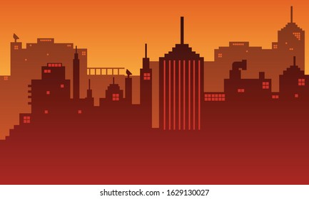 Illustration of the city at dusk with building tall