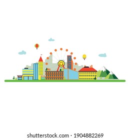 Illustration of the city, flat, no background, bright elements, design graphic, web banner, web site, picture for the Internet, vector.