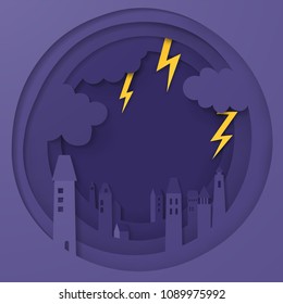 Illustration of the city has overcast sky and lightning in the rainy season. dark sky with lightnings in the city. storm in city. paper cut and craft style. vector, illustration. 