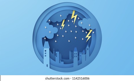 Illustration of the city has overcast sky and lightning in the rainy season. Cityscape with rain. rainy season. paper cut and craft style. vector, illustration.