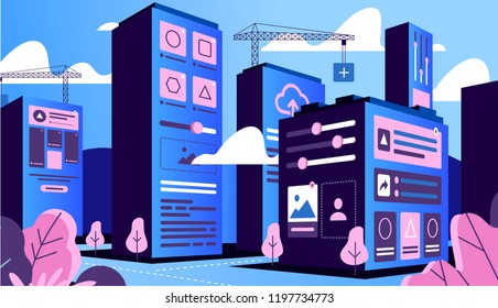 illustration of the city with interface elements in flat style