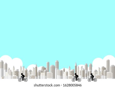 illustration of city landscape, buildings and cyclists