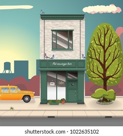 Illustration of a city landscape with cafe bar taxi cab and tree. Flat art style. Housing, real estate market, architecture design, property investment concept banner.