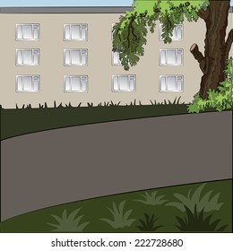 Illustration of city landscape in the daytime: tree, house, sidewalk and grass lawn