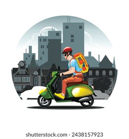 Illustration of a city landscape with a scooter in the foreground.