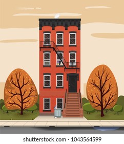 Illustration of a city landscape with townhouse and trees. Flat art style. Housing, real estate market, architecture design, property investment concept banner.