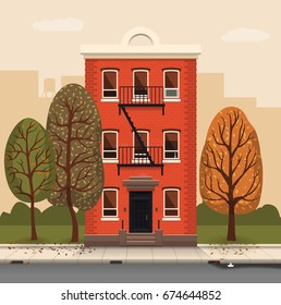 Illustration of a city landscape with townhouse and trees. Flat art style. Housing, real estate market, architecture design, property investment concept banner.