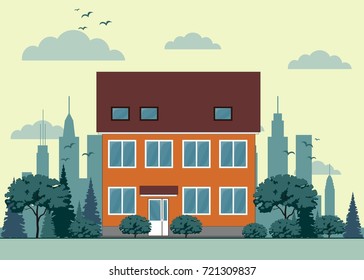 Illustration of a city landscape with townhouse and trees. Flat art style. Housing, real estate market, architecture design, property investment concept banner.