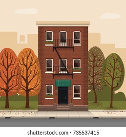 Illustration of a city landscape with townhouse and trees. Flat art style. Housing, real estate market, architecture design, property investment concept banner.