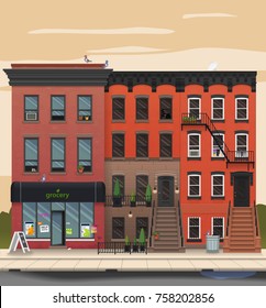 Illustration of a city landscape with townhouses. Brooklyn street view. Flat art style. Housing, real estate market, architecture design, property investment concept banner.