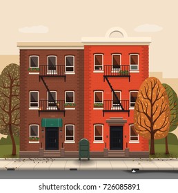 Illustration of a city landscape with townhouses and trees. Flat art style. Housing, real estate market, architecture design, property investment concept banner.