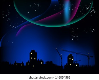 illustration with city landscapes under star sky