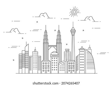 Ilustración de la ciudad o edificio en kuala lumpur. Rascacielos gemelos de malasia