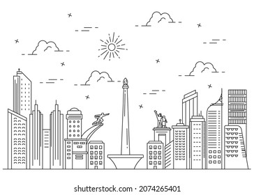 Illustration city line of jakarta indonesia. Jakarta landmark design