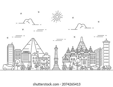 Illustration city line of yogyakarta indonesia. Tugu yogyakarta background svg