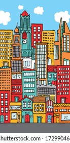 Illustration of a city with lots of colorful buildings