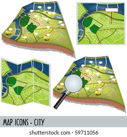 Illustration of city map icons isolated on white background.
