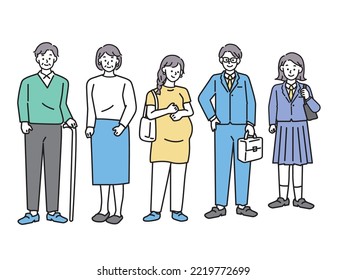 Illustration Of The City: Men And Women Of All Ages, Students, Working Adults, Pregnant Women, Elderly People, Environment, City, People, Society.