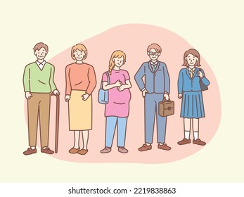 Illustration Of The City: Men And Women Of All Ages, Students, Working Adults, Pregnant Women, Elderly People, Environment, City, People, Society.