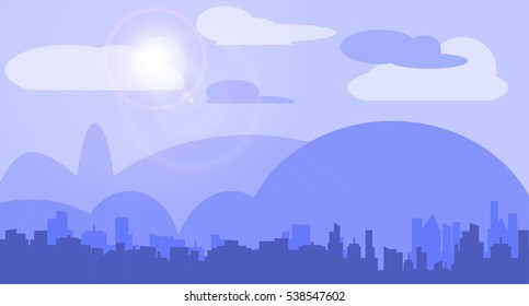 Illustration of city with mountains and clouds in the background