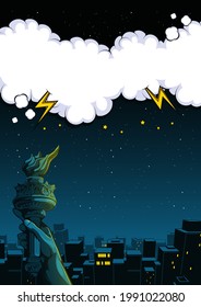 Illustration of the city at night and Hand of the Statue of Liberty, comic speech bubble background, illustration of buildings.