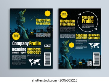 Illustration of the city at night and Hand of the Statue of Liberty, Flyer Brochure poster design, Business template in A4 size, for presentation, Company Profile Cover Images.