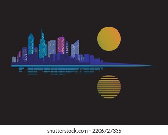 illustration of a city on a lake with a full moon sighting. You can see the reflection of the lights of the multi-storey building and the moon. on the water surface.