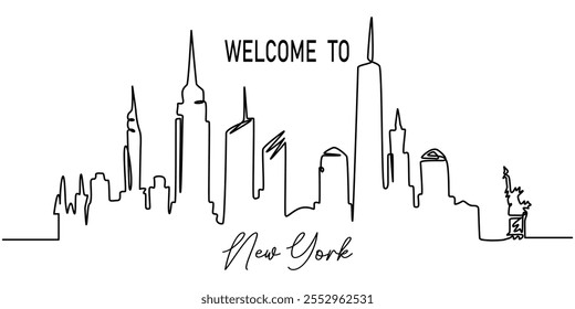 illustration of a city, One line style New York City skyline. Simple modern minimaistic style vector, New York Skyline, Modern cityscape continuous one line vector drawing. Metropolis architecture.