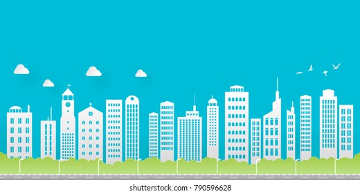 Illustration of city paper in the daytime on a blue sky background with trees and clouds.