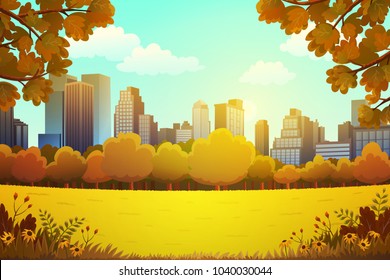 Illustration of city park in autumn vector background