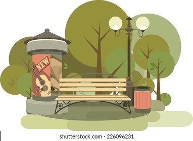 Illustration city park secluded place in the park bench and pedestal with poster