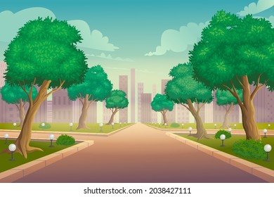 Ilustración del parque de la ciudad en el fondo vectorial de verano. Parque con césped y árboles verdes. Caminata con arbustos y dibujos animados. Lugar para el descanso familiar.