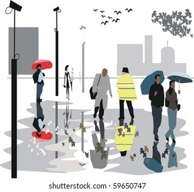 Illustration of city pedestrians in rain with umbrellas.